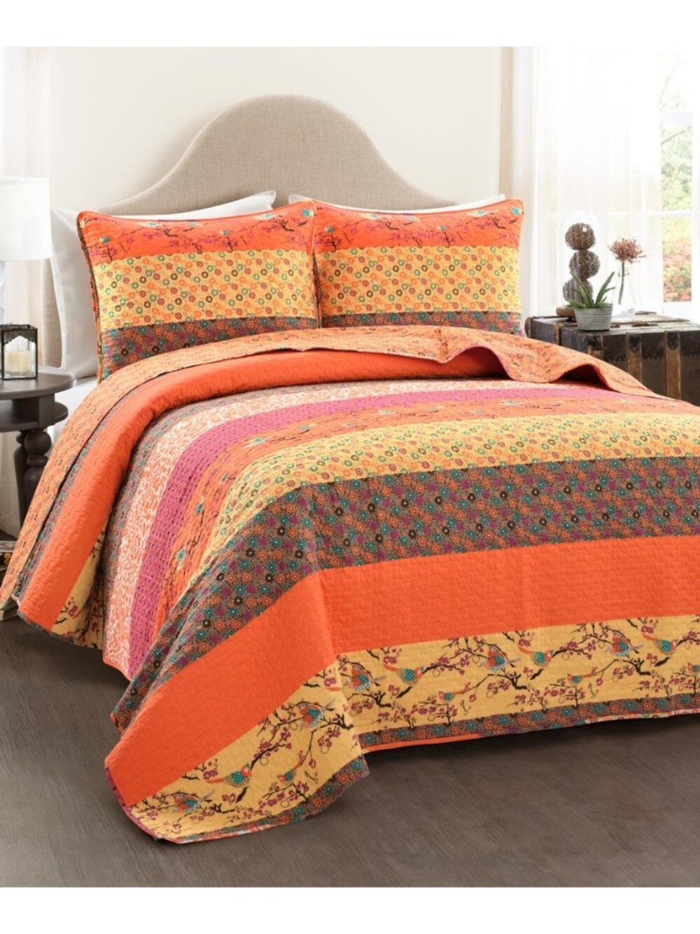 Royal Empire Reversible Cotton Quilt Set, 3 Piece Set Full/Queen, Tangerine